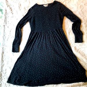 Boden 8L smocked Jersey dress, black with teal dots